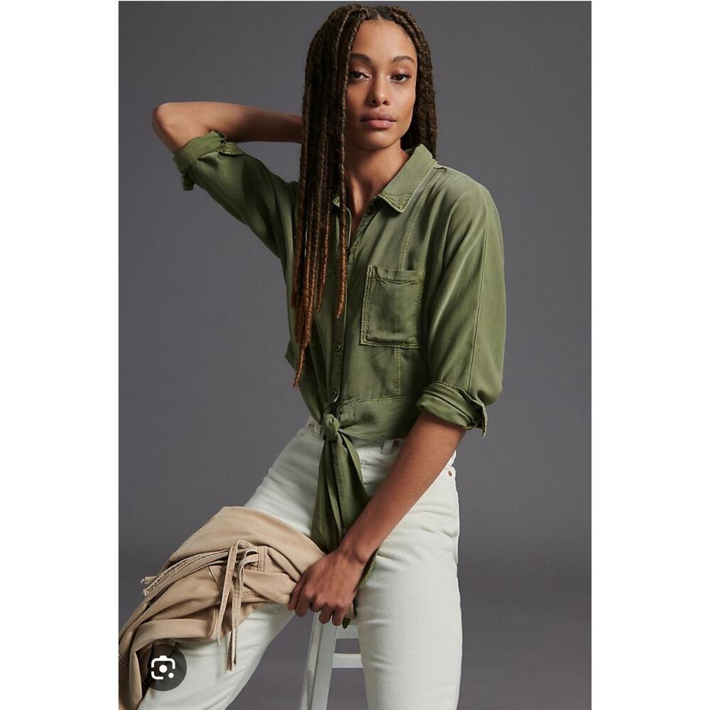 Anthropologie Pilcro Womens Olive Green Rissa Tie Front Blouse Top Small